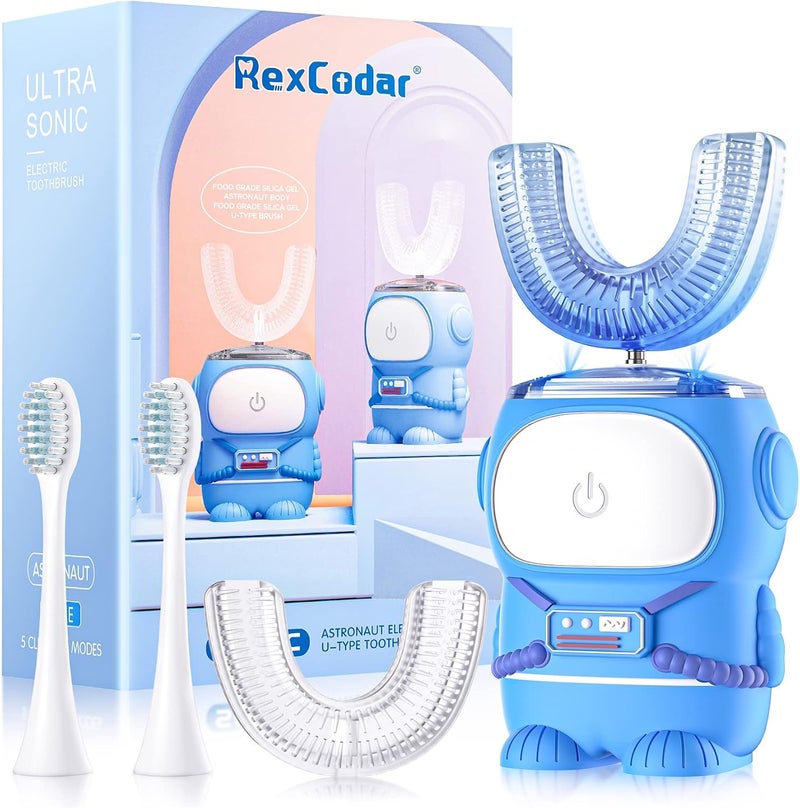 RexCodar Ultrasonic Kid's U-Shaped Electric Toothbrush, IPX7 Waterproof, Five Cleaning Modes, Cartoon Astronaut, 60S Smart Reminder (2-6 Age (Blue)) - Image 1